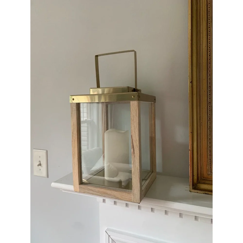 Wood and Brass Metal Decorative Candle Lantern Glass Panels Rustic Farmhouse‎